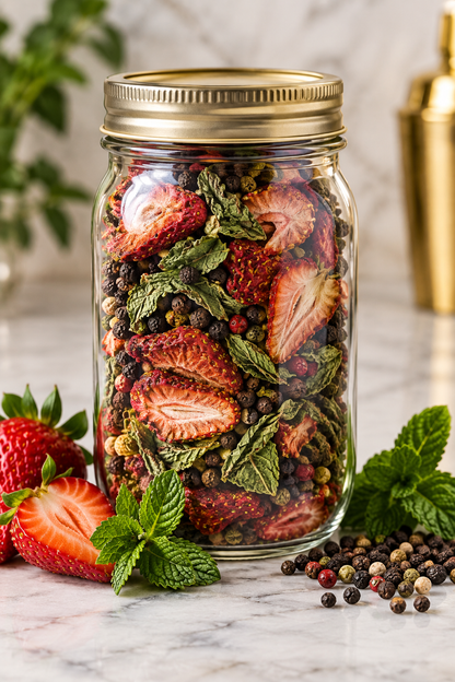 LNE Bespoke Cocktail Infusions Organic Strawberry Mint Peppercorn Infusion Jar